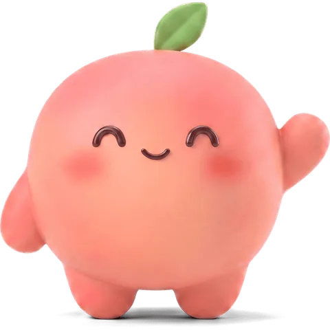 Peach the mascot — a chubby blushed peach with a green leaf, waving.