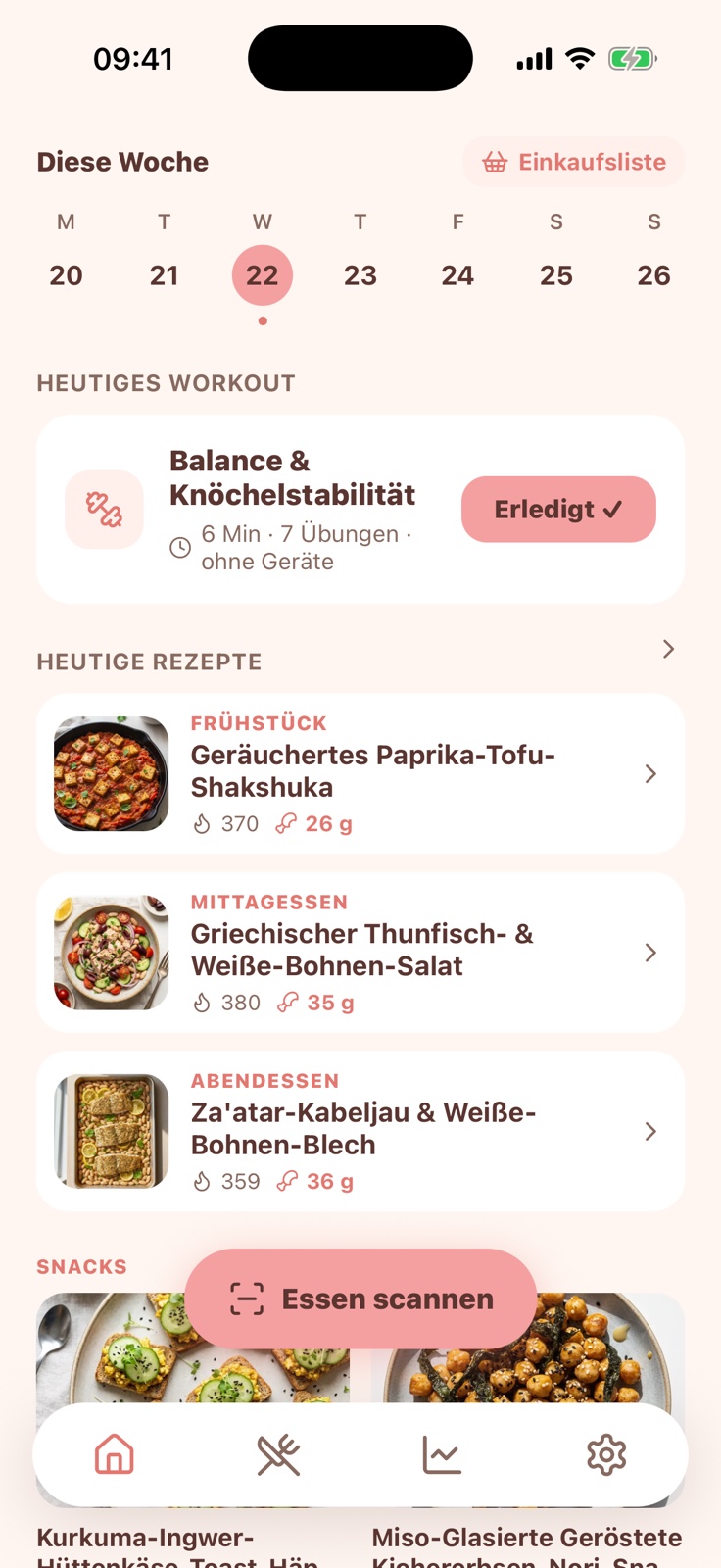 Peach Startbildschirm — der Plan für diese Woche, das heutige Workout, die heutigen Rezepte und der Button zum Essen-Scannen.