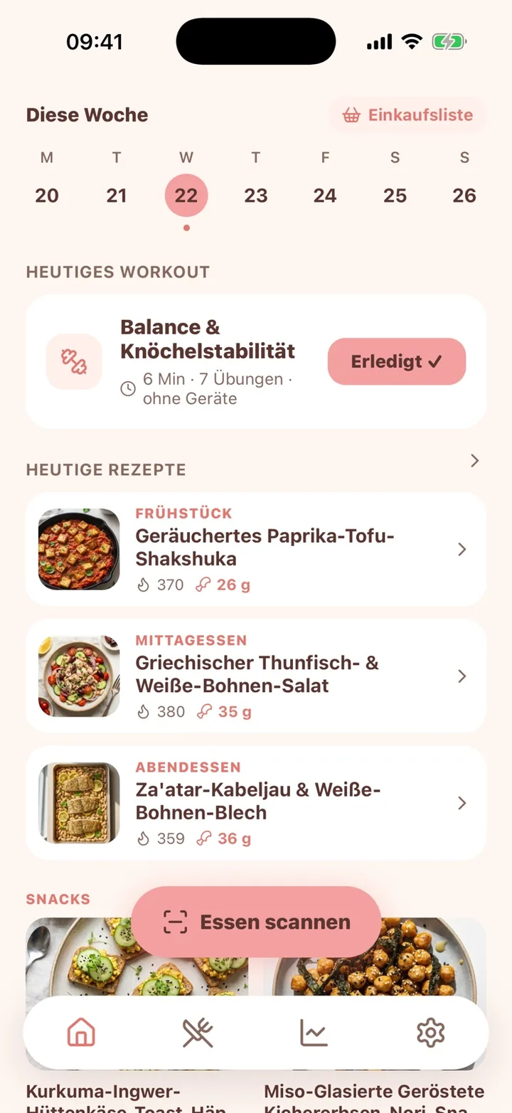 Peach Startbildschirm — der Plan für diese Woche, das heutige Workout, die heutigen Rezepte und der Button zum Essen-Scannen.