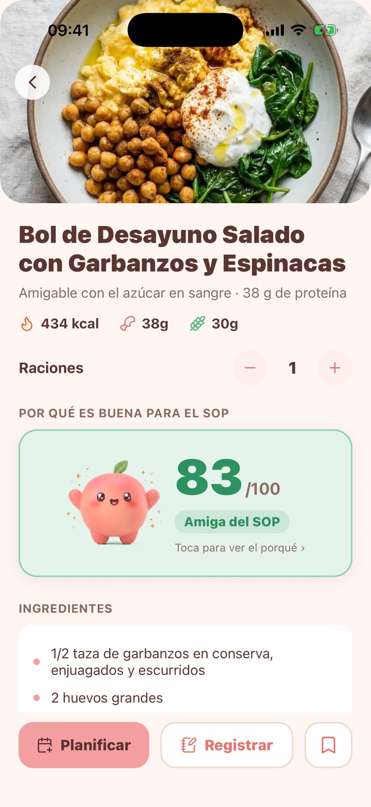 Detalle de comida en Peach — tarjeta 'Por qué es buena para el PCOS' con una puntuación real de 83/100 apta para PCOS.