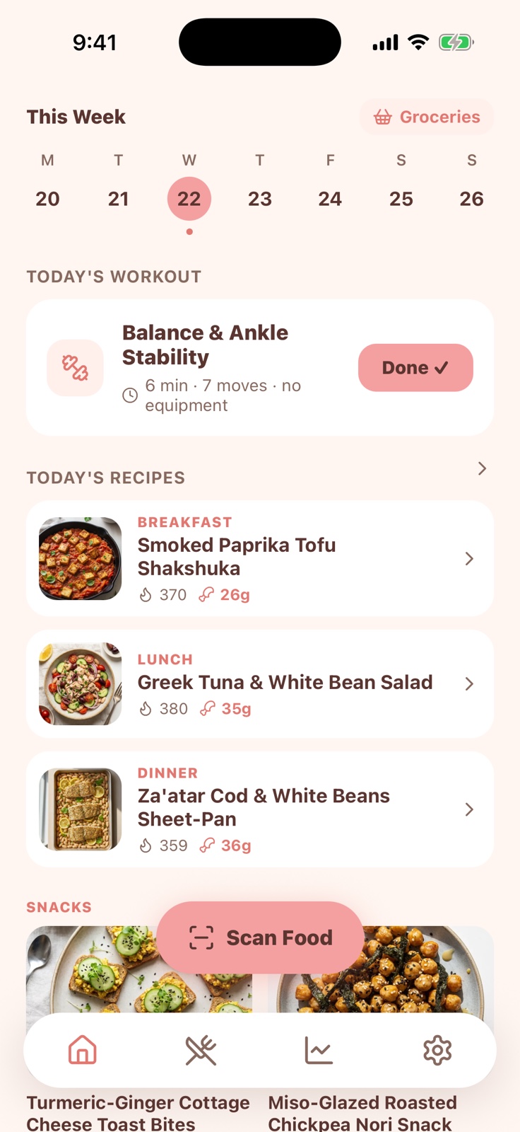 Peach home screen — this week's plan, today's workout, today's recipes and the Scan Food button.