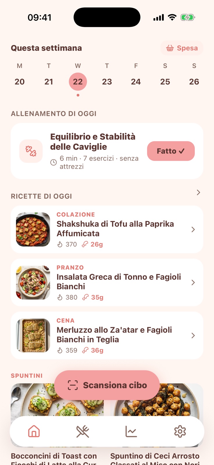 Schermata Home di Peach — il piano della settimana, l'allenamento di oggi, le ricette di oggi e il pulsante Scansiona il cibo.