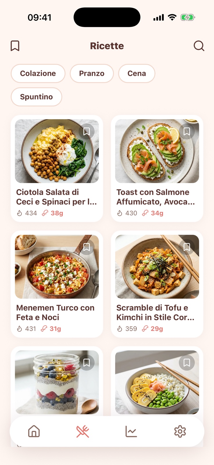 Scheda Ricette di Peach — card fotografiche con calorie e proteine per ricetta, filtrabili per pasto.