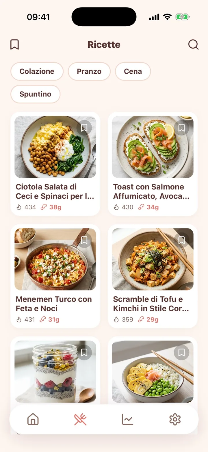 Scheda Ricette di Peach — card fotografiche con calorie e proteine per ricetta, filtrabili per pasto.