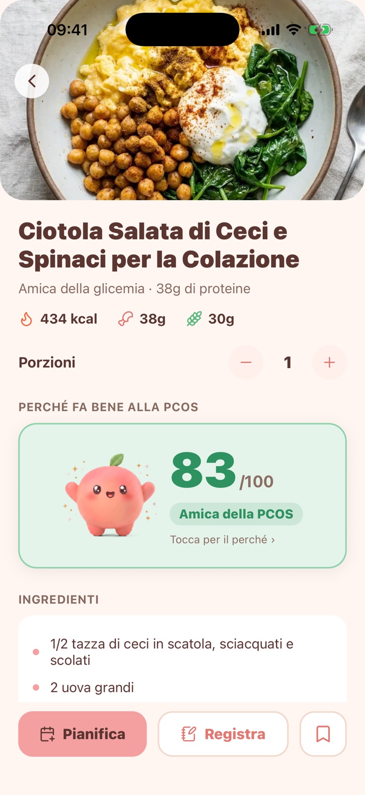 Dettaglio cibo in Peach — scheda «Perché fa bene con la PCOS» con un vero punteggio PCOS-friendly di 83/100.