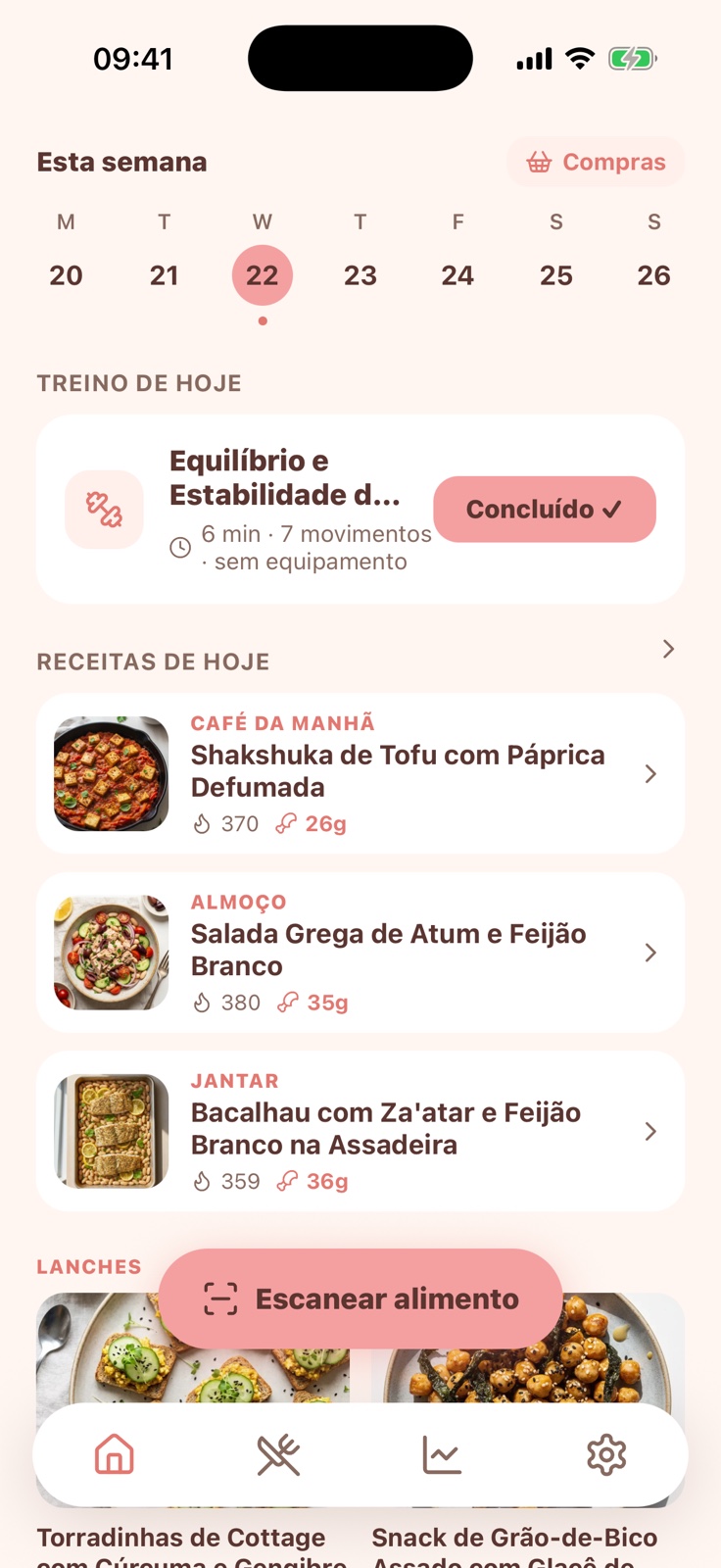 Tela inicial do Peach — plano da semana, treino de hoje, receitas de hoje e o botão Escanear Comida.