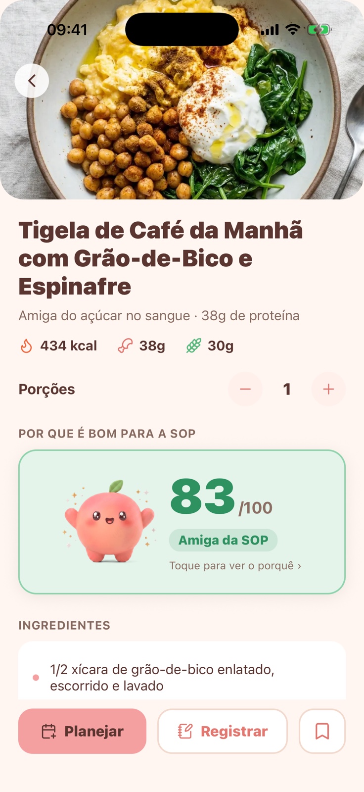 Detalhe de alimento no Peach — card 'Por que é bom para SOP' com uma nota real de 83/100 amiga da SOP.