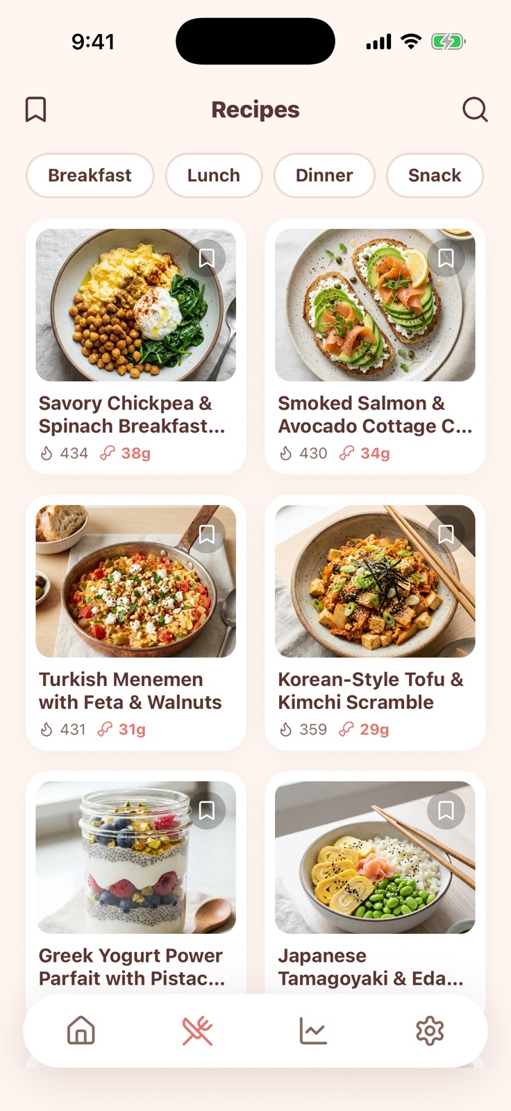 Peach Recipes tab — photo cards with calories and protein per recipe, filterable by meal.