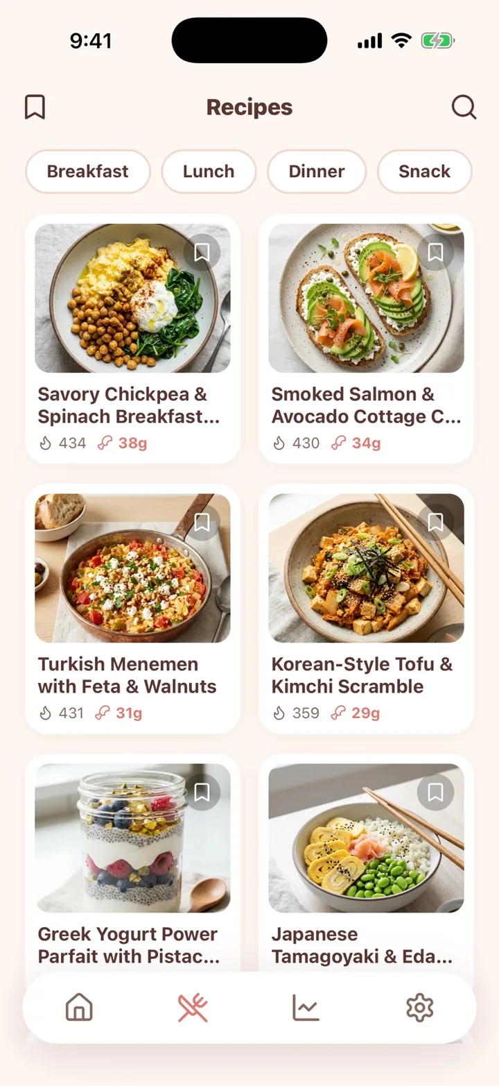 Peach Recipes tab — photo cards with calories and protein per recipe, filterable by meal.