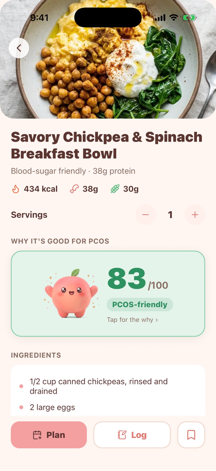 Peach food detail — 'Why it's good for PCOS' card with a real 83/100 PCOS-friendly score.